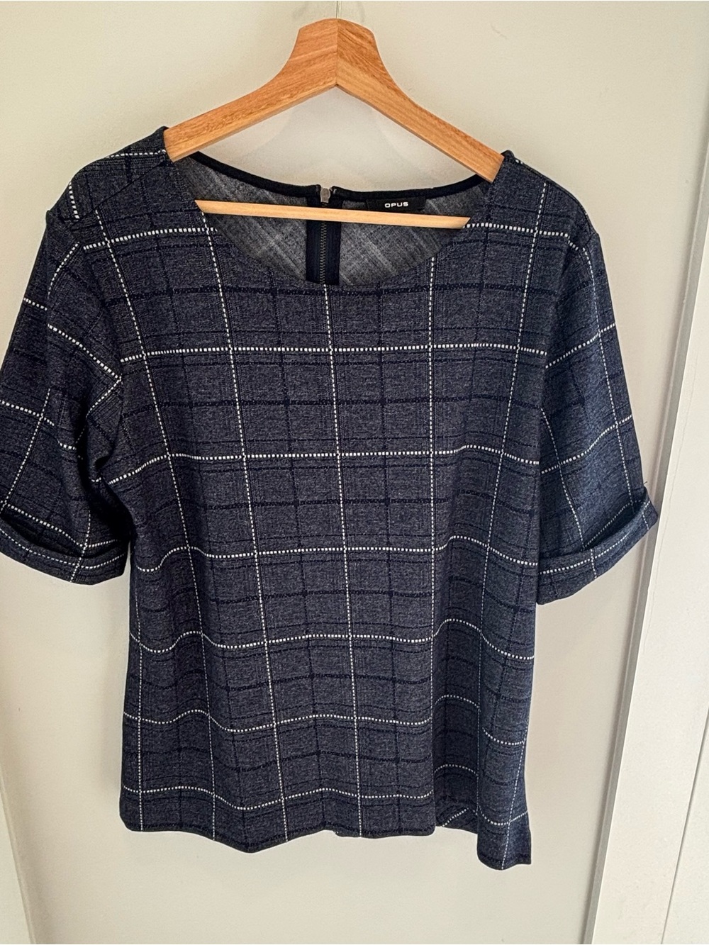 Navy Windowpane Short Sleeve Blouse